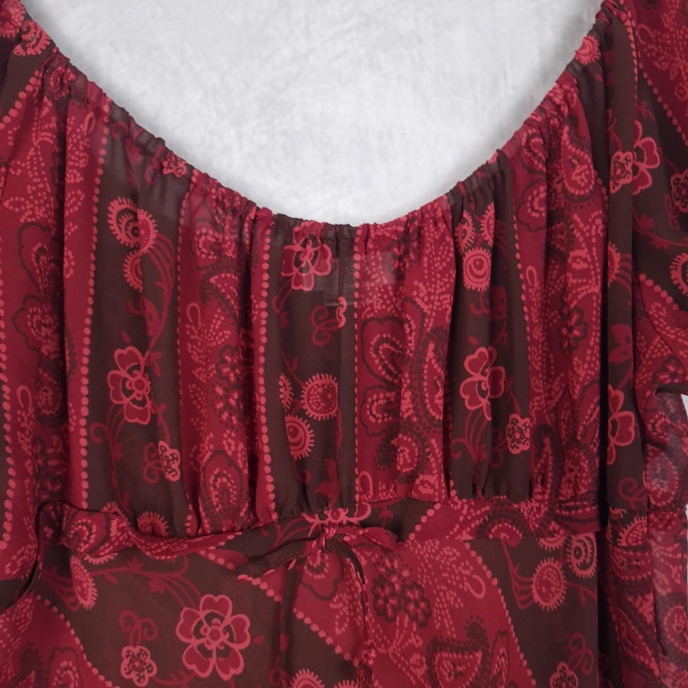 Vntg Whimsy Fairy Dress Womens Large Red Paisley Chiffon Sheer Babydoll Grunge - Picture 8 of 16